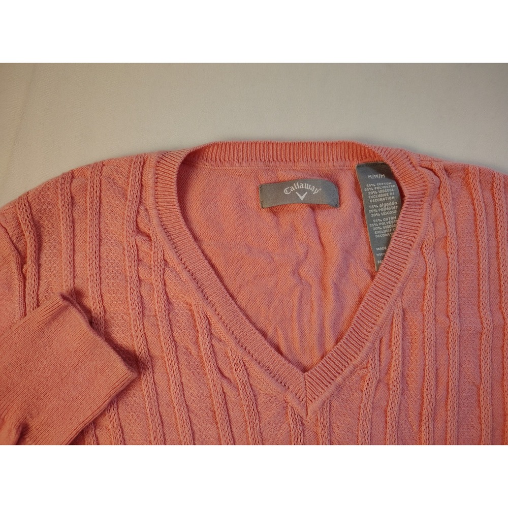 Callaway Golf Sweater Womens‎ Medium M Coral Pink Cable Knit V Neck Preppy Sport